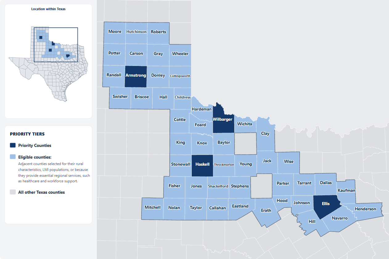 Enlarged map of eligible Texas counties by priority tier