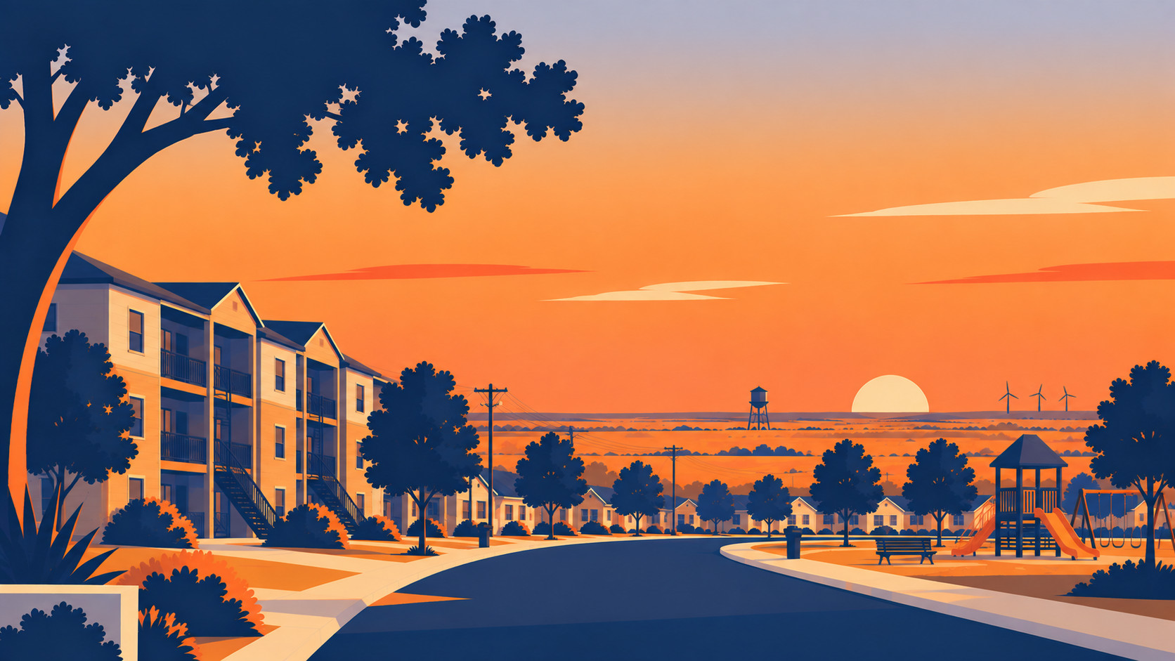 Illustration of a Texas community at sunset with apartments, homes, a playground, and wind turbines